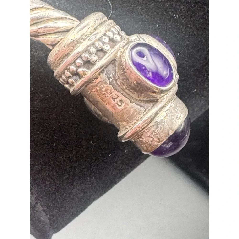 Bali Artisan-Style Sterling Silver Amethyst Twisted Cable Cuff Bracelet 61.15g